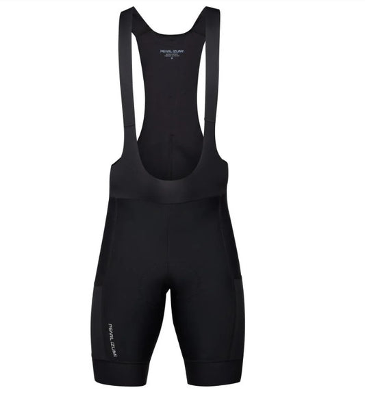 Front view of Pearl Izumi Expedition black cycling bib shorts on a white background.