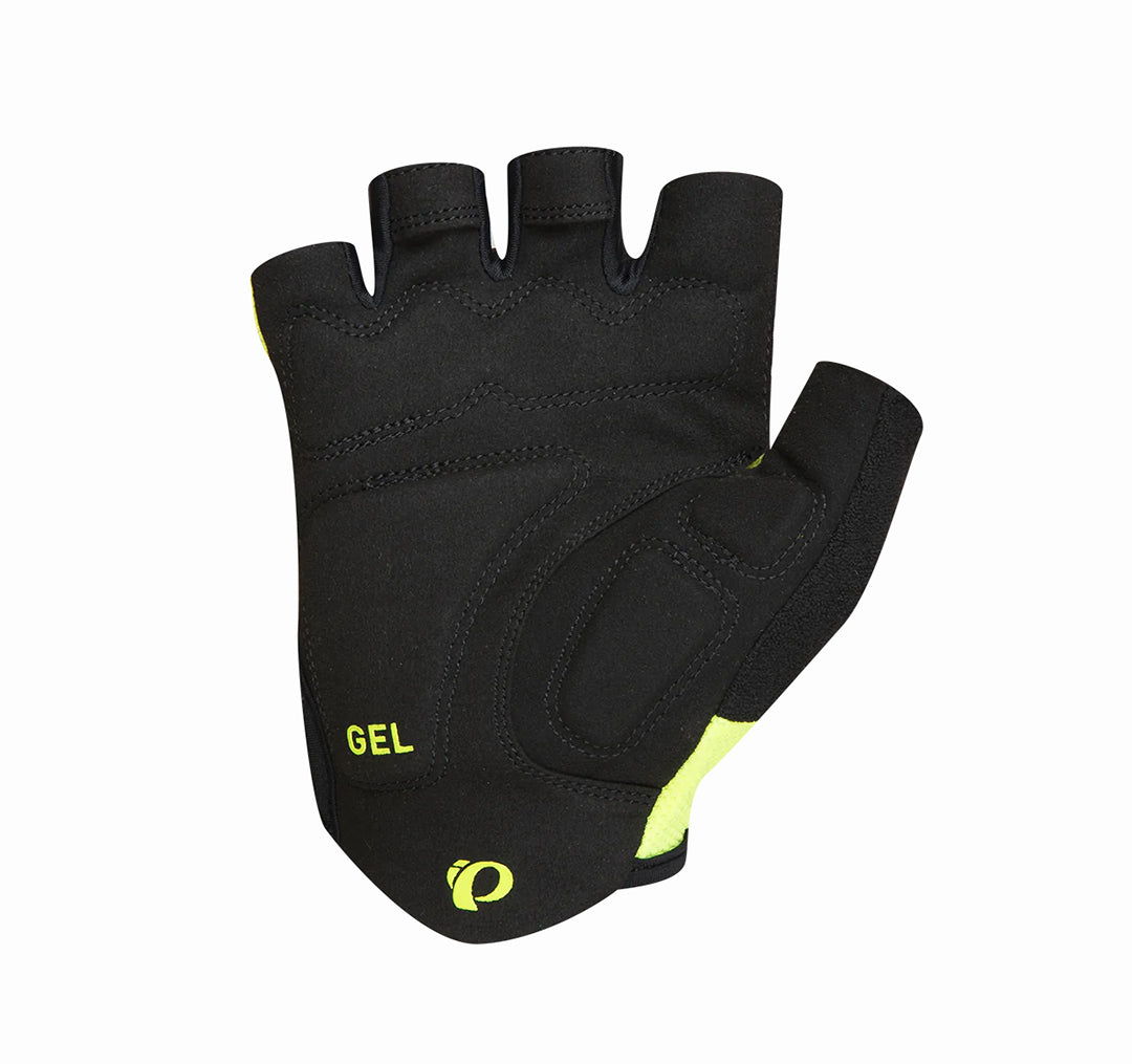 The back view of the Pearl Izumi Men's Quest Glove in Screaming Yellow with a black, padded palm and yellow logo.
