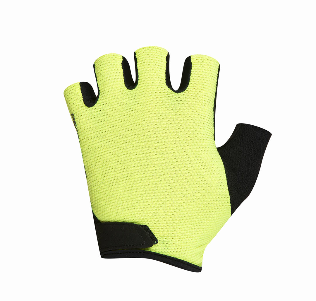 The top view of the Pearl Izumi Men's Quest Glove in Screaming Yellow with a black thumb and Velcro closure.