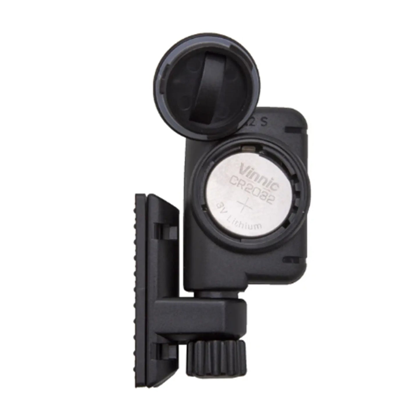 Image of the Planet Bike Protege 9.0 Wireless Bike Computer sensor battery cover removed in black against a white background.