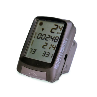 Angled side view of the Planet Bike Protege 9.0 Wireless Bike Computer with 4 lines of display in black against a white background.