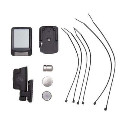 Image of the Planet Bike Protege 9.0 Wireless Bike Computer with all the parts included in the box against a white background.