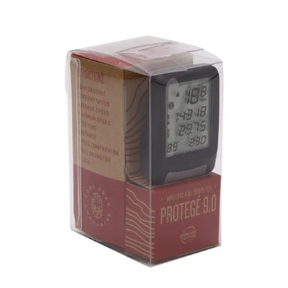 Image of the Planet Bike Protege 9.0 Wireless Bike Computer in black in a plastic box with brown and red labeling against a white background.