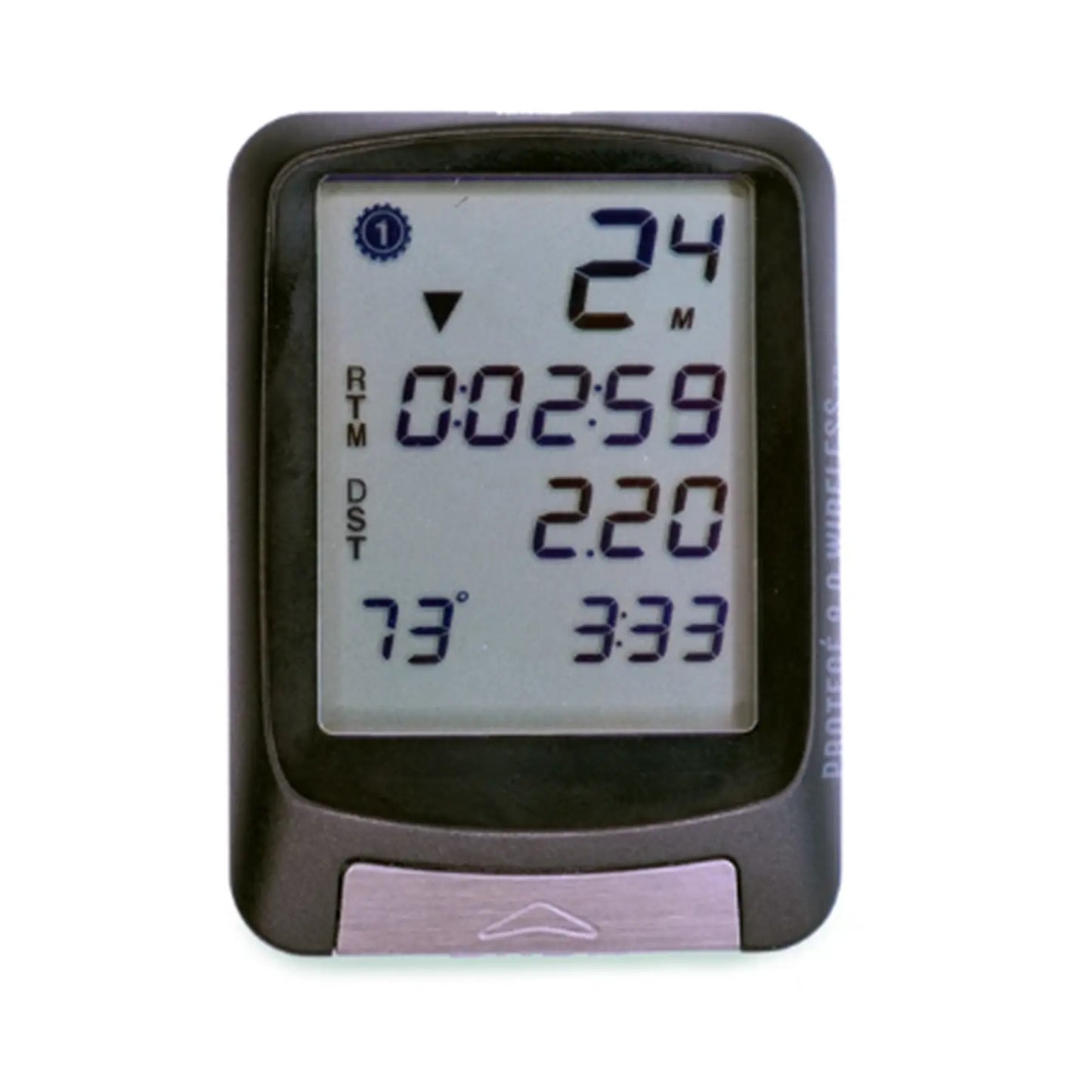 Image of the Planet Bike Protege 9.0 Wireless Bike Computer with 4 lines of display in black against a white background.