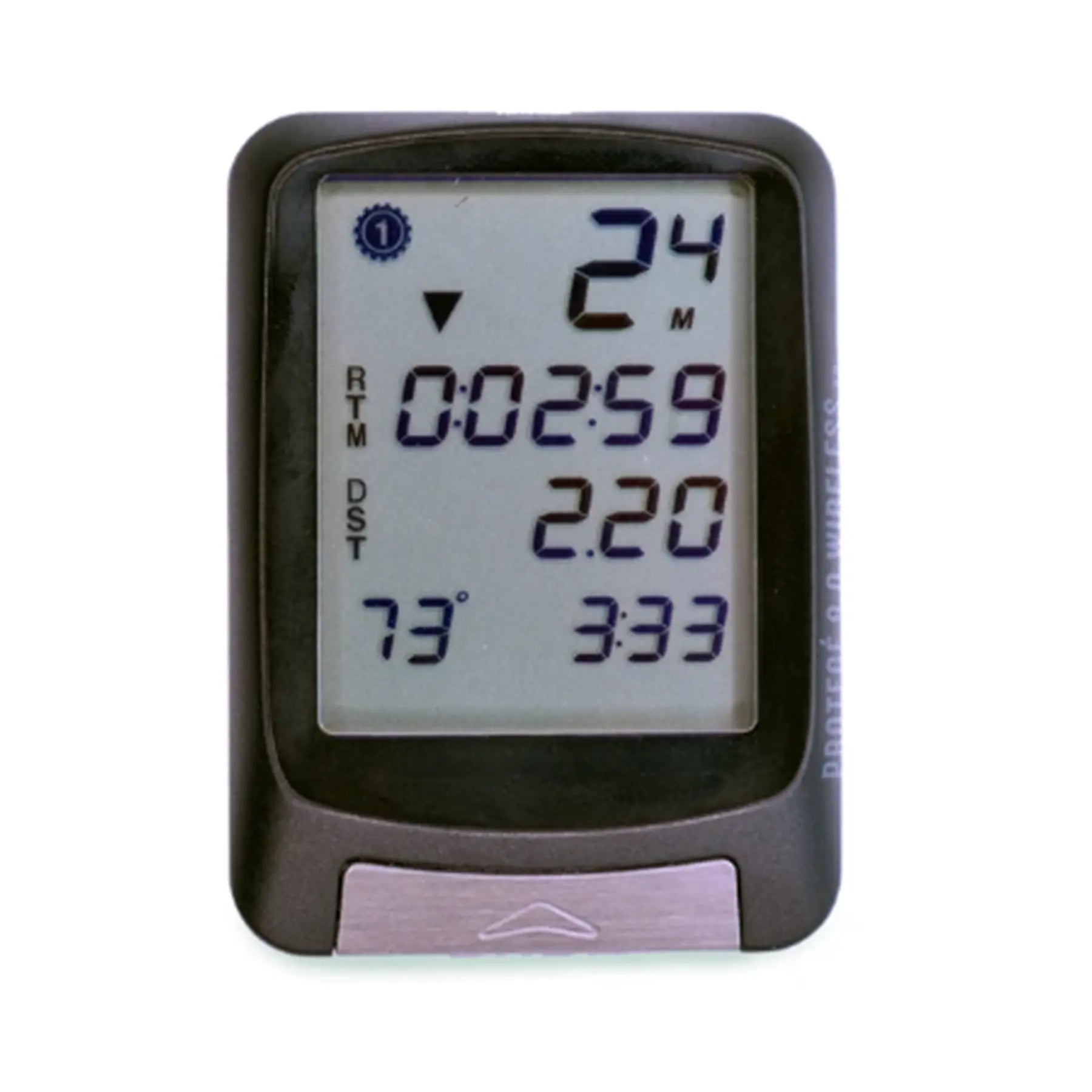 Image of the Planet Bike Protege 9.0 Wireless Bike Computer with 4 lines of display in black against a white background.