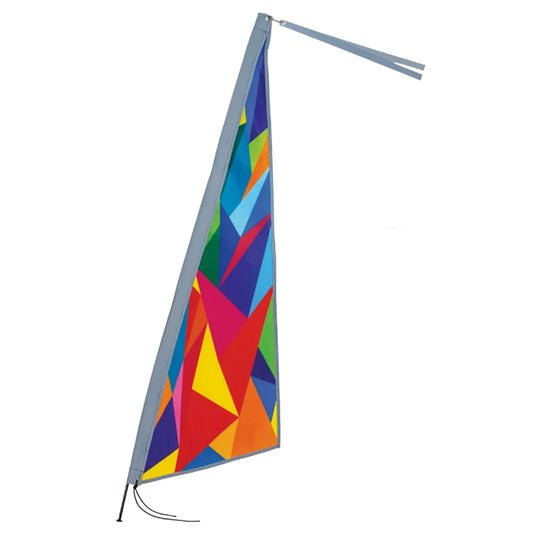 Side view of the Premier Kites Apex Reflective Bike Flag in Fractal, a multi-colored triangular geometric pattern, with a reflective binding and tassel against a white background. 