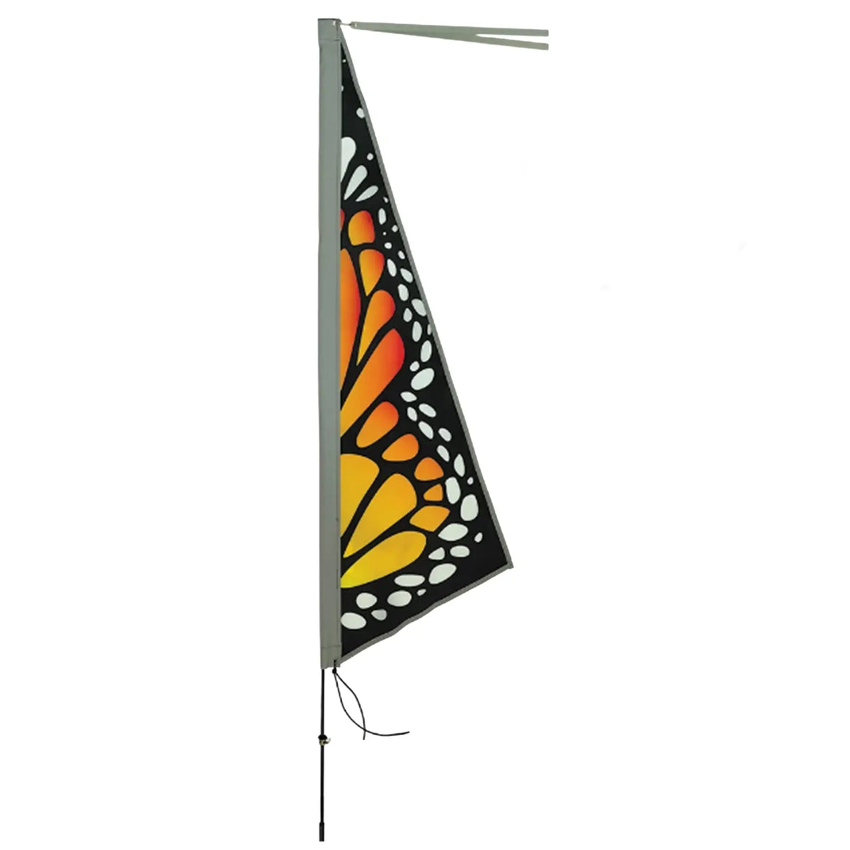 Side view of the Premier Kites Apex Reflective Bike Flag in Monarch Butterfly, a black, orange and white butterlfy pattern, with a reflective binding and tassel against a white background. 