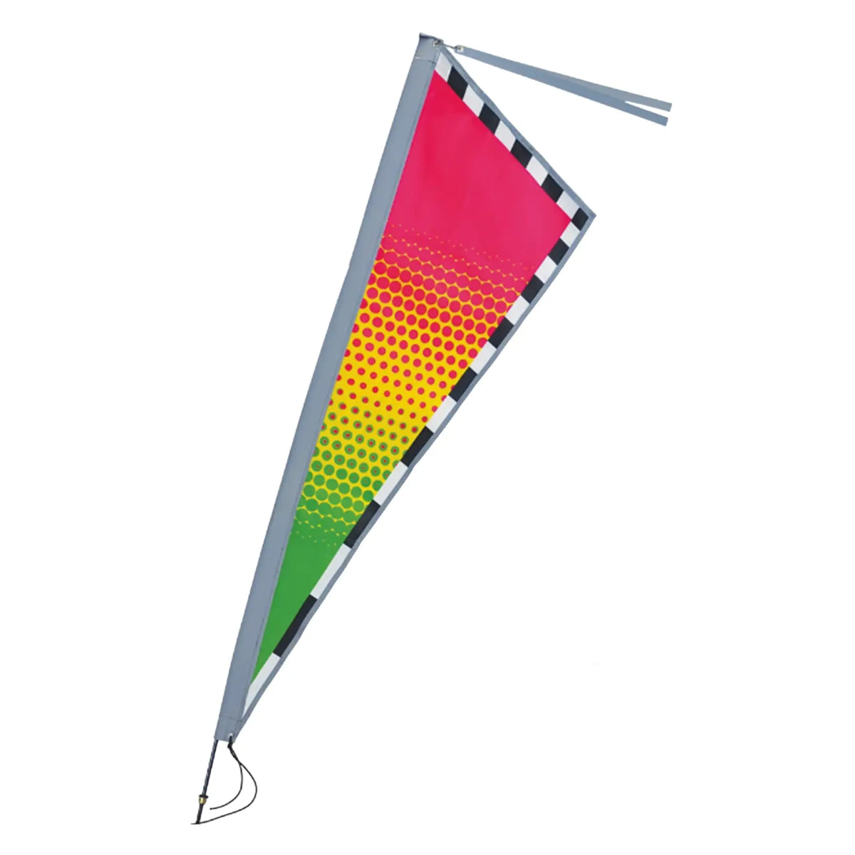 Side view of the Premier Kites Apex Reflective Bike Flag in Neon Tropical Fade, a pink, yellow and green dot fade pattern, with a reflective binding and tassel against a white background. 