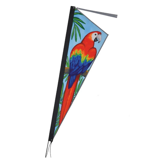 Side view of the Premier Kites Apex Reflective Bike Flag in Parrot, featuring a red, blue, yellow and green parrot against a blue sky with green tropical leaves, with a reflective binding and tassel against a white background. 