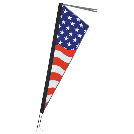 Side view of the Premier Kites Apex Reflective Bike Flag in Patriotic, a red, white and blue American flag design, with a reflective binding and tassel against a white background. 