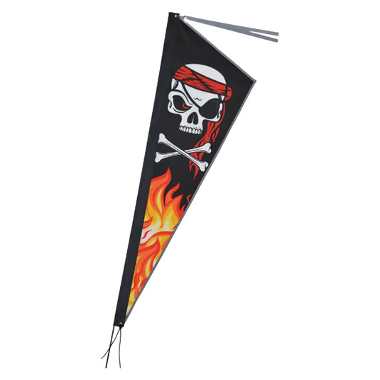 Side view of the Premier Kites Apex Reflective Bike Flag in Pirate Flames, a skull and crossbones with a red bandana over orange, red and yellow flames against a black background, with a reflective binding and tassel against a white background. 