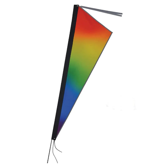 Side view of the Premier Kites Apex Reflective Bike Flag in Rainbow, a red, orange, yellow, green, blue, indigo, violet fade design, with a reflective binding and tassel against a white background. 