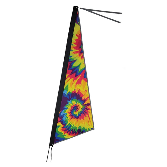 Side view of the Premier Kites Apex Reflective Bike Flag in Tie Dye, a pink, yellow, blue, green, purple, orange tie dye swirl design, with a reflective binding and tassel against a white background. 