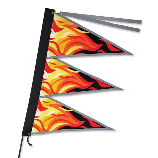 Side view of the Premier Kites Tri-Stack Bike Flag in Flames (orange, yellow, red and black) against a white background.