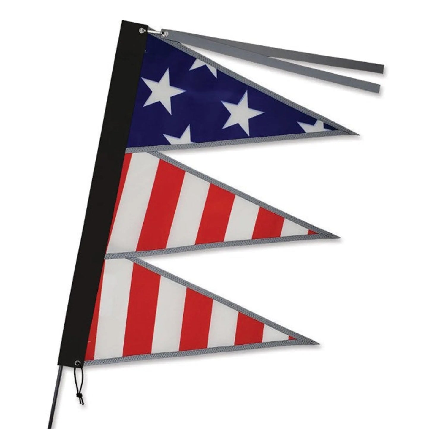 Side view of the Premier Kites Tri-Stack Bike Flag in Patriotic (red and white stripes with white stars on a blue background) against a white background. 