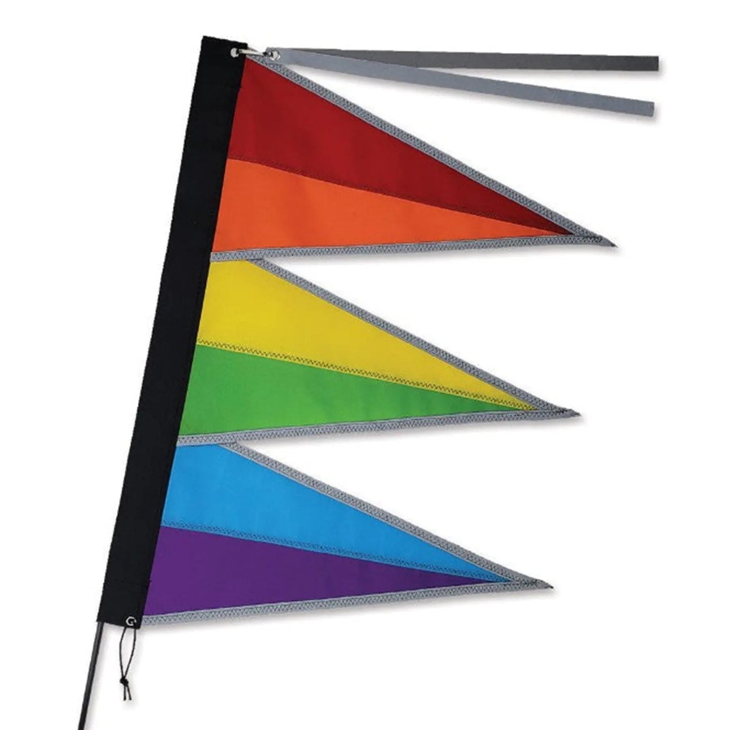 Side view of the Premier Kites Tri-Stack Bike Flag in Rainbow (red, orange, yellow, green, blue and purple) against a white background. 