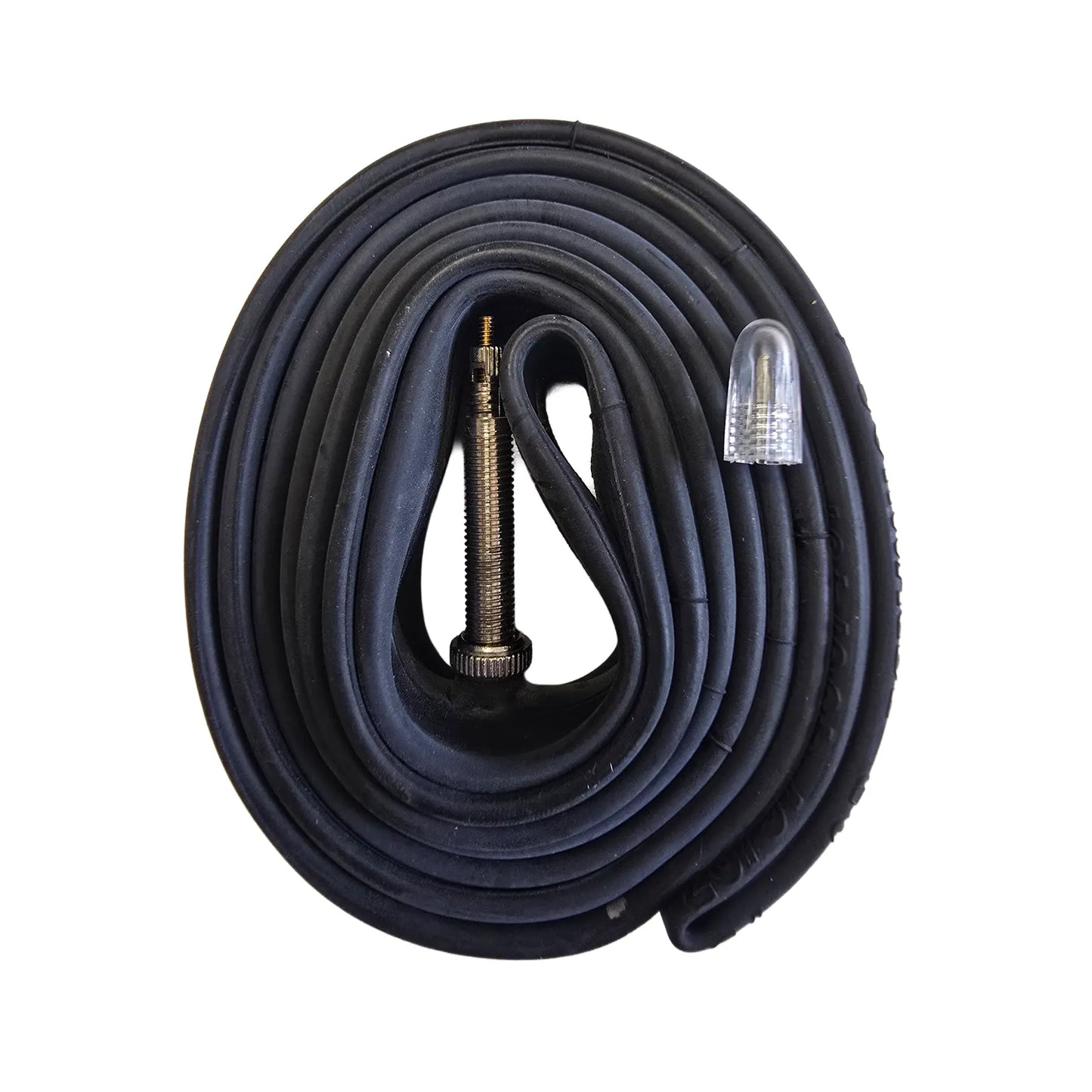 Closeup view of a presta style valve head on a black bicycle inner tube against a white background.
