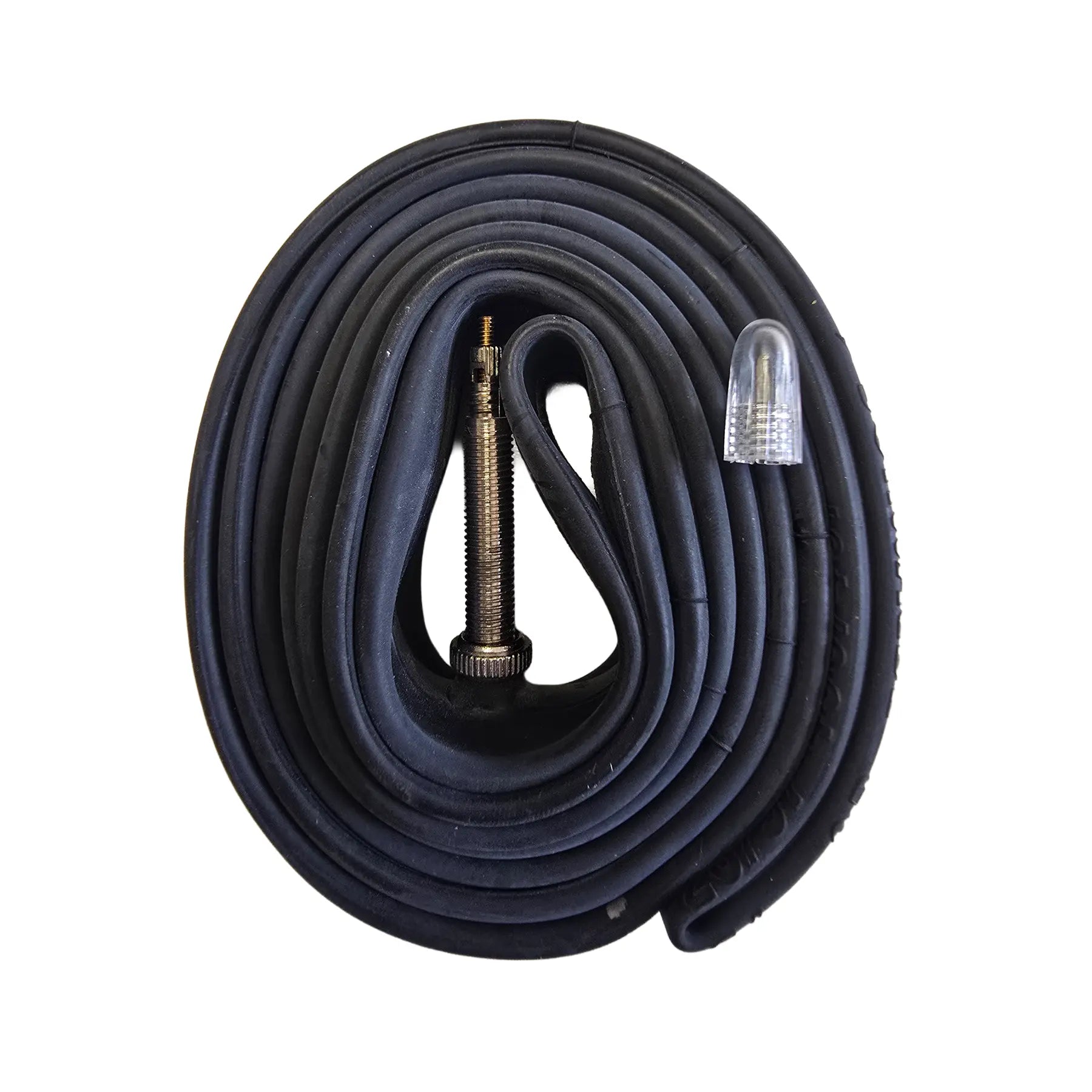 Closeup view of a presta style valve head on a black bicycle inner tube against a white background.