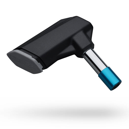 Studio side view of mini torque wrench with black handle and silver and blue socket.