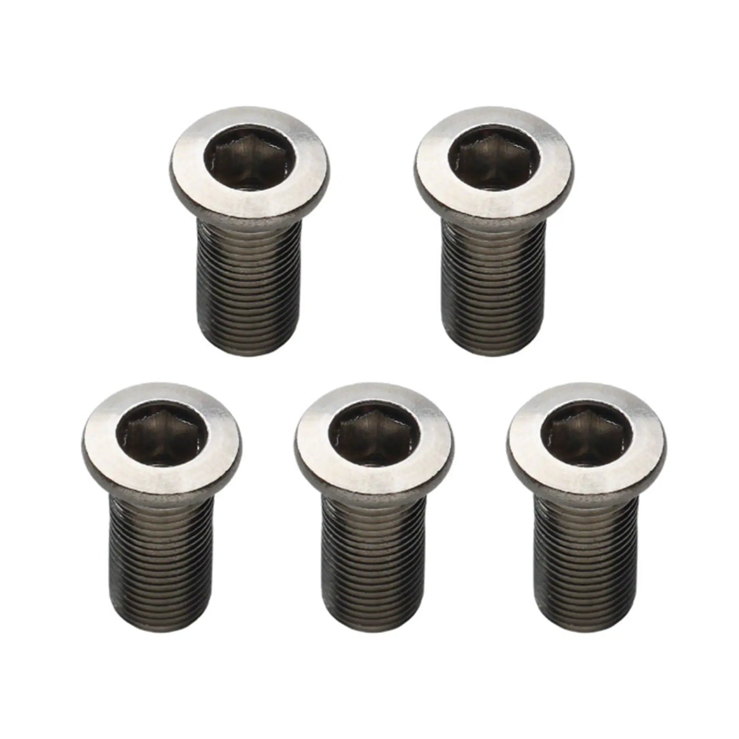 A set of five Problem Solvers 16mm Inner Chainring Bolts in Silver Stainless Steel against a white background.