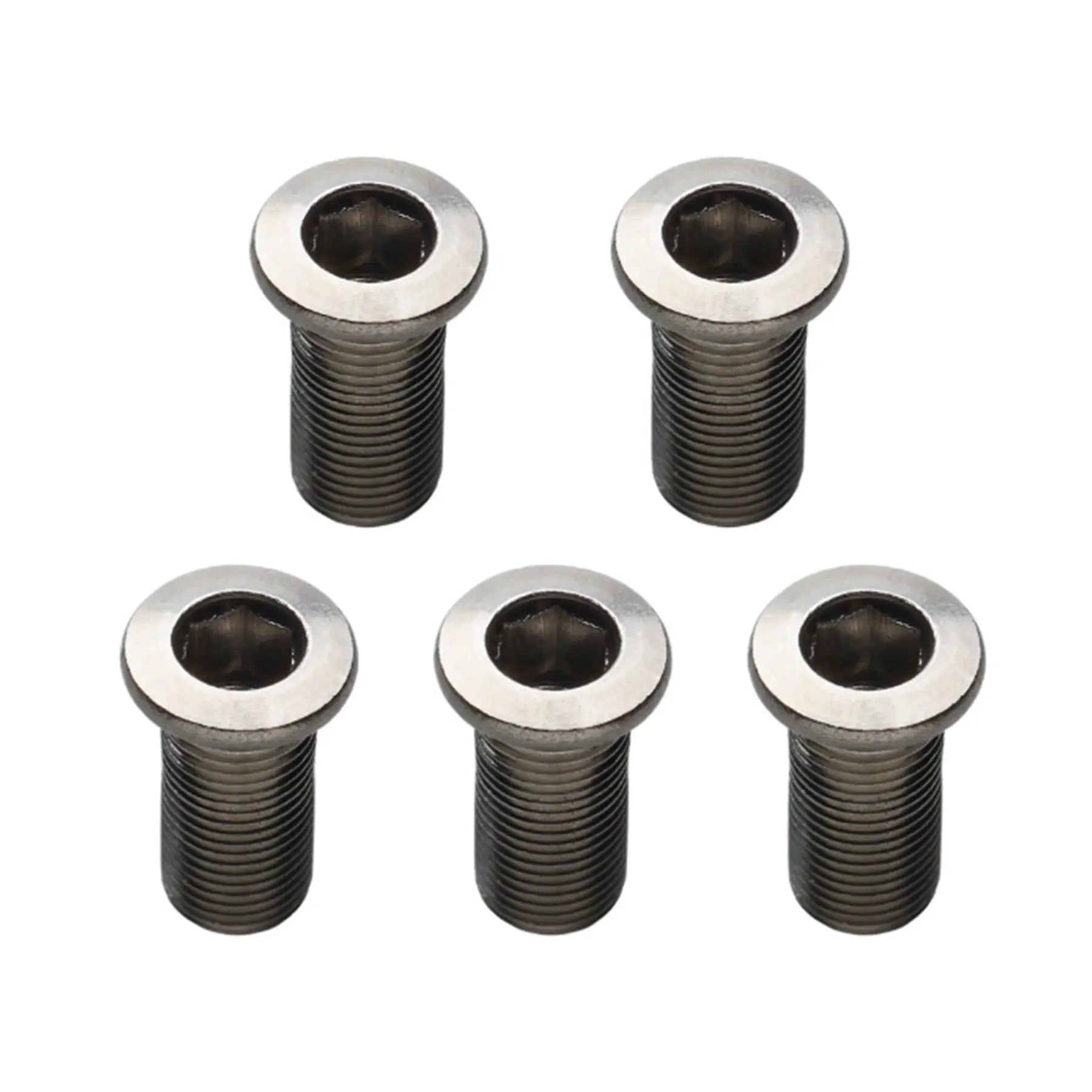 A set of five Problem Solvers 16mm Inner Chainring Bolts in Silver Stainless Steel against a white background.