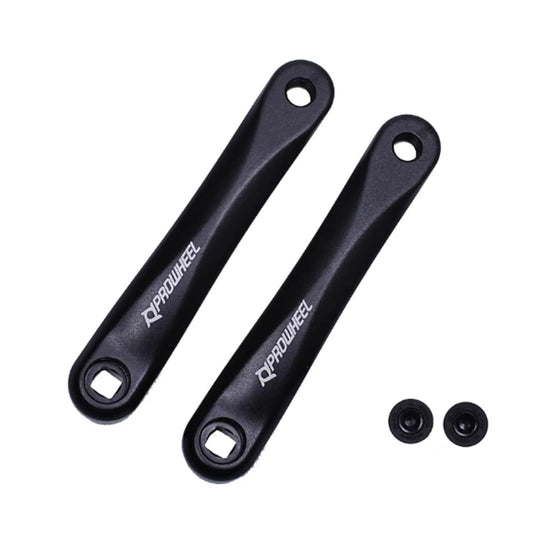 Top profile view of the Prowheel Aluminum e-Bike 152mm Square Taper Black Crankarms with crank arm fixing bolts against a white background.