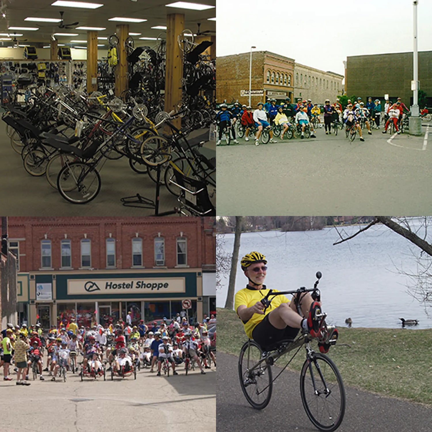 Collage of images showing recumbent bicycles in various settings.