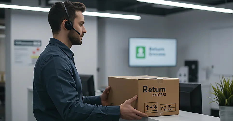 Man with a headset holding a box marked "Return process" in an office setting. 