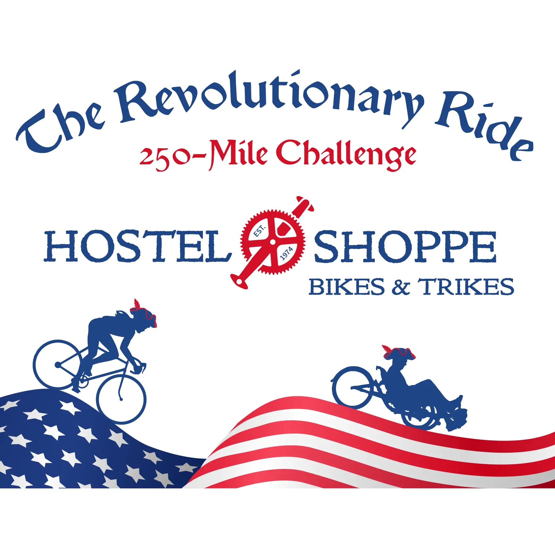 Image of The Revolutionary Ride 250 Mile Challenge logo in blue and red with a biker and a triker wearing tricorn hats riding above an American flag against white background.