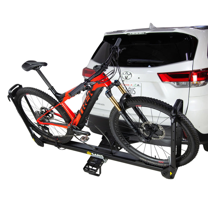 Saris MHS Duo Modular System 1 Bike Carrier, studio rear quarter view with bike tilted