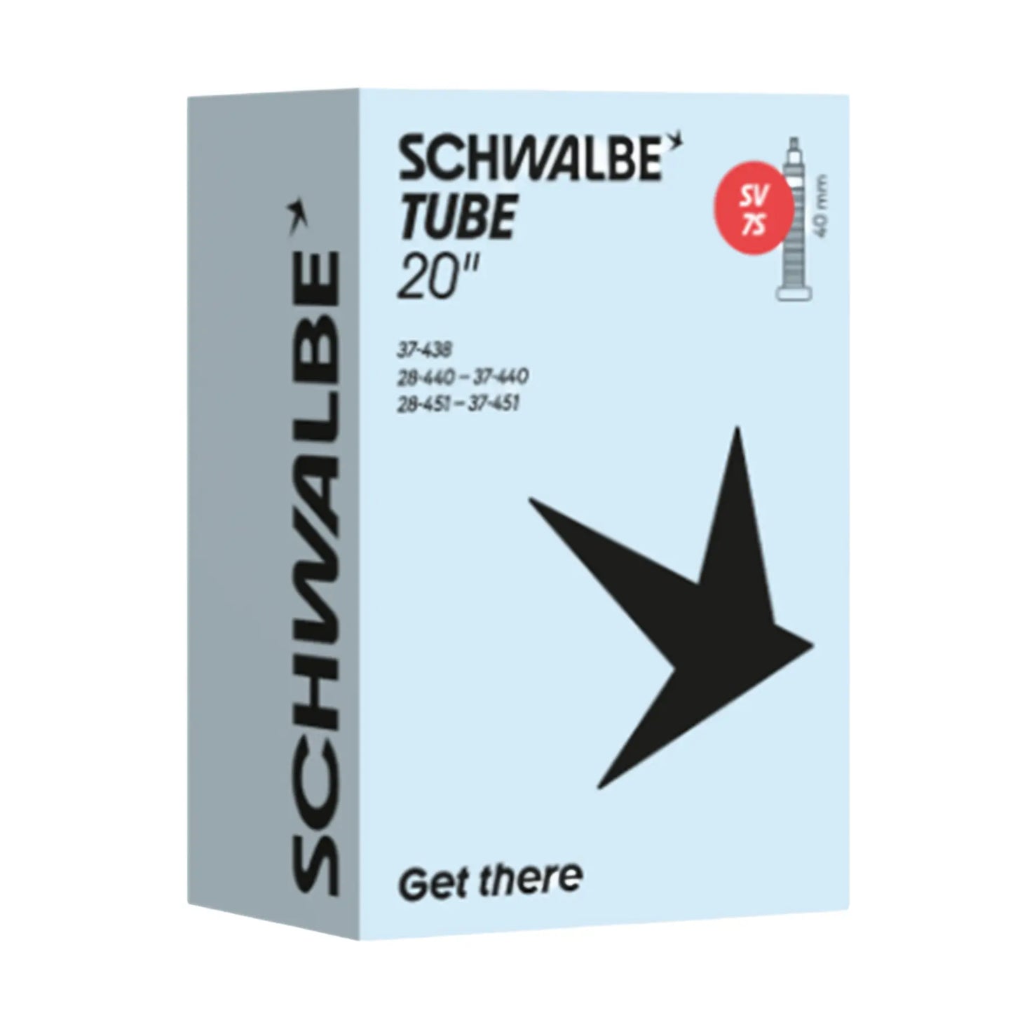 Schwalbe 40mm Valve Stem SV7S View of the Presta Valve Tube 20 x 1 3/8 inch (438-451) in a light blue box against a white background.