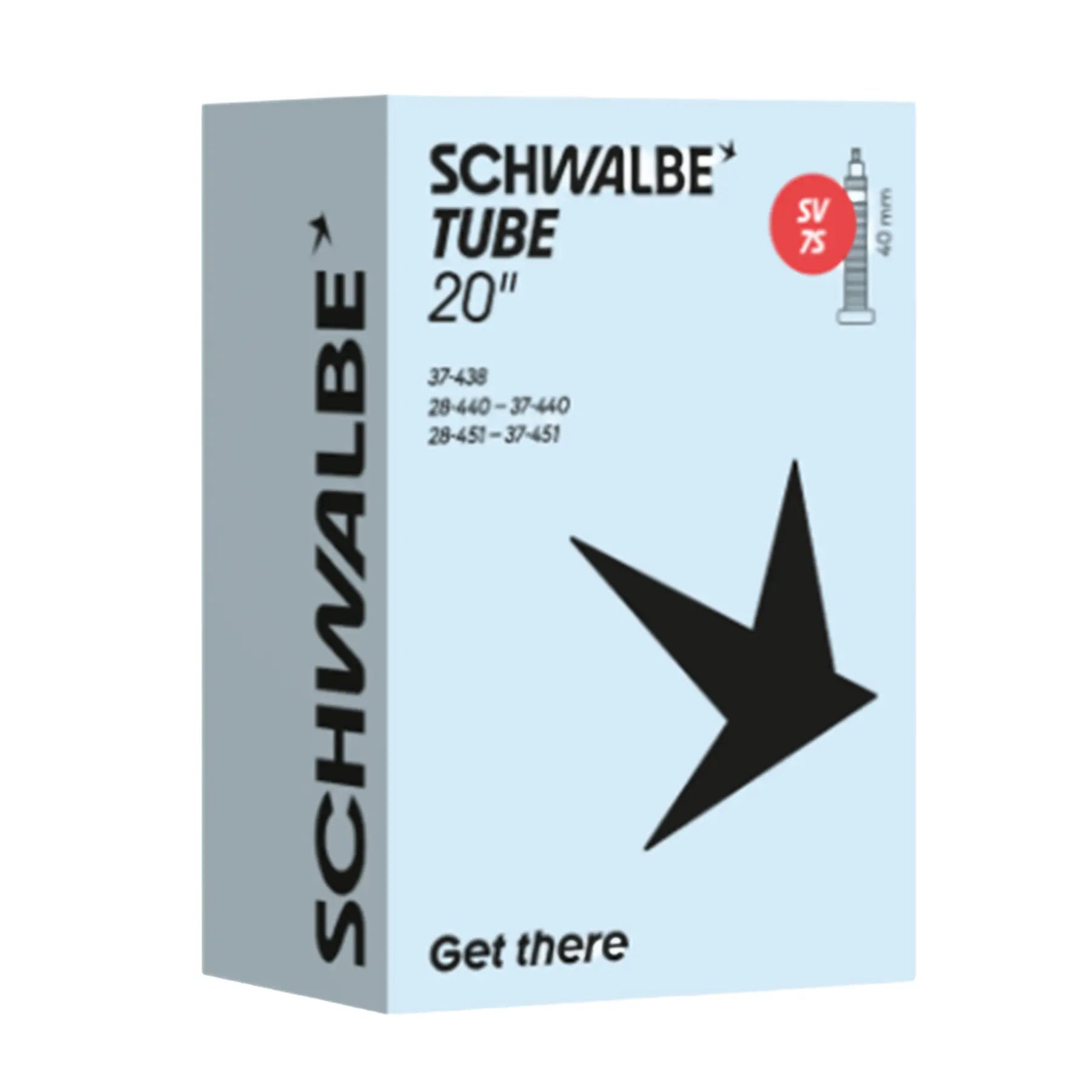 Schwalbe 40mm Valve Stem SV7S View of the Presta Valve Tube 20 x 1 3/8 inch (438-451) in a light blue box against a white background.