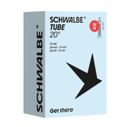 Schwalbe 40mm Valve Stem SV7S View of the Presta Valve Tube 20 x 1 3/8 inch (438-451) in a light blue box against a white background.