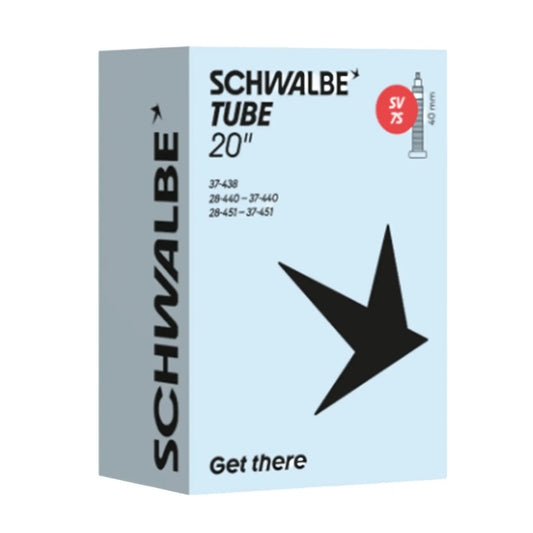 Schwalbe 40mm Valve Stem SV7S View of the Presta Valve Tube 20 x 1 3/8 inch (438-451) in a light blue box against a white background.