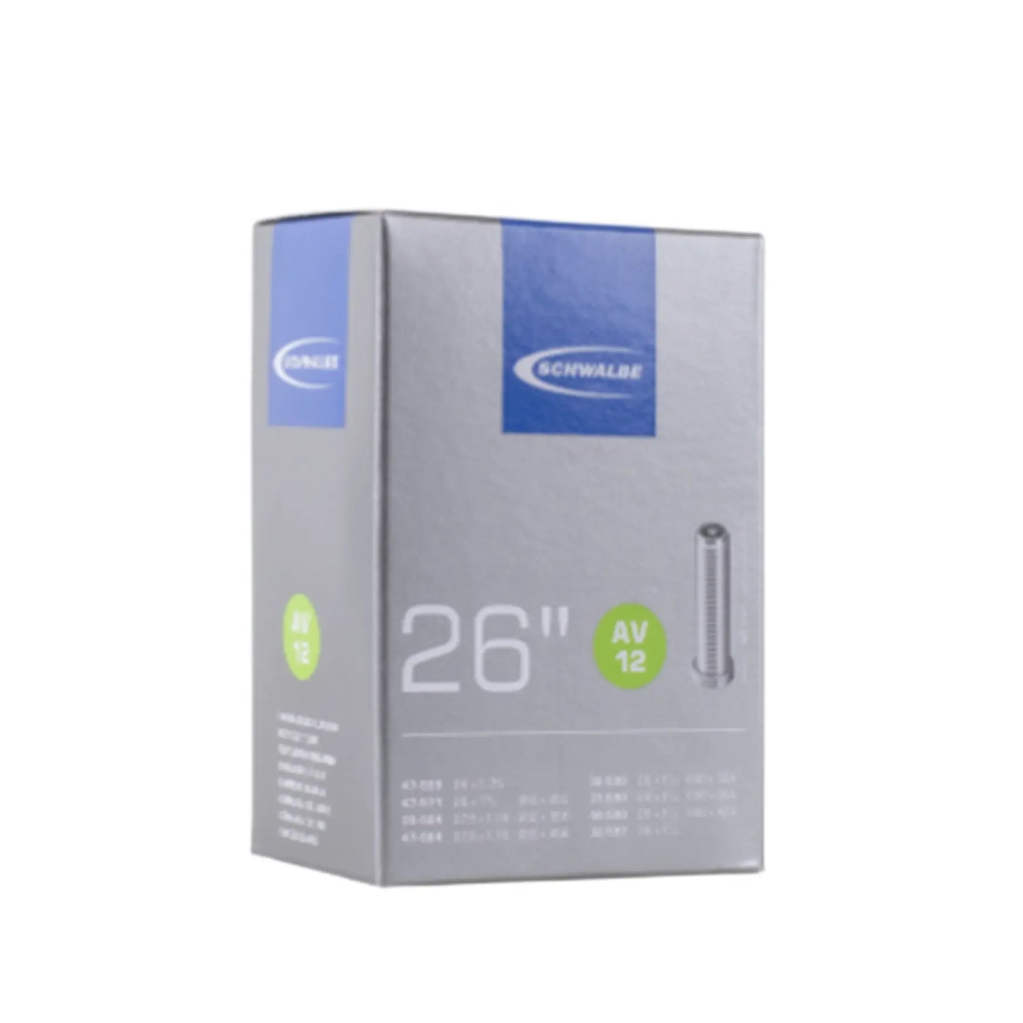 View of the Schwalbe AV12 Schrader Valve Tube 26 x 1 1/4 to 1 5/8 inch (559-597mm) in a gray box against a white background.