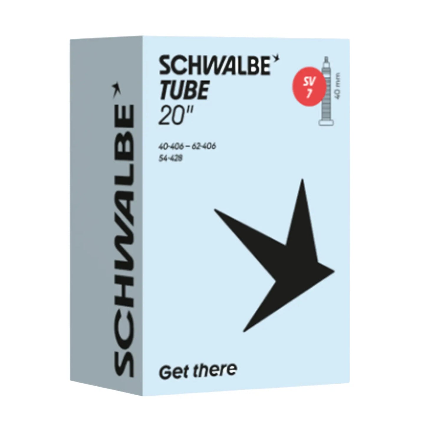 View of the Schwalbe SV7 Presta Valve Tube 20 x 1.5-2.4 inch (406mm) in a light blue box against a white background.