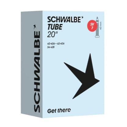 View of the Schwalbe SV7 Presta Valve Tube 20 x 1.5-2.4 inch (406mm) in a light blue box against a white background.