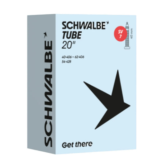 View of the Schwalbe SV7 Presta Valve Tube 20 x 1.5-2.4 inch (406mm) in a light blue box against a white background.