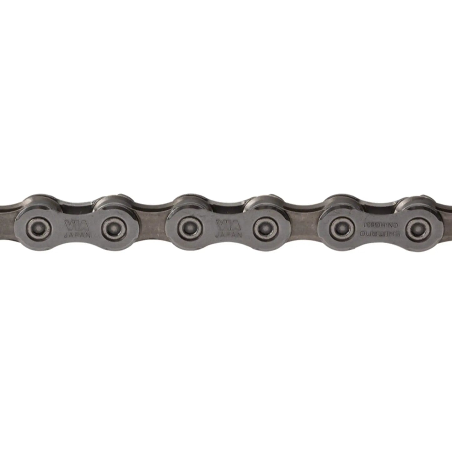View of the Shimano CN-HG601-11 11 Speed 126 Links Gray Chain against a white background.