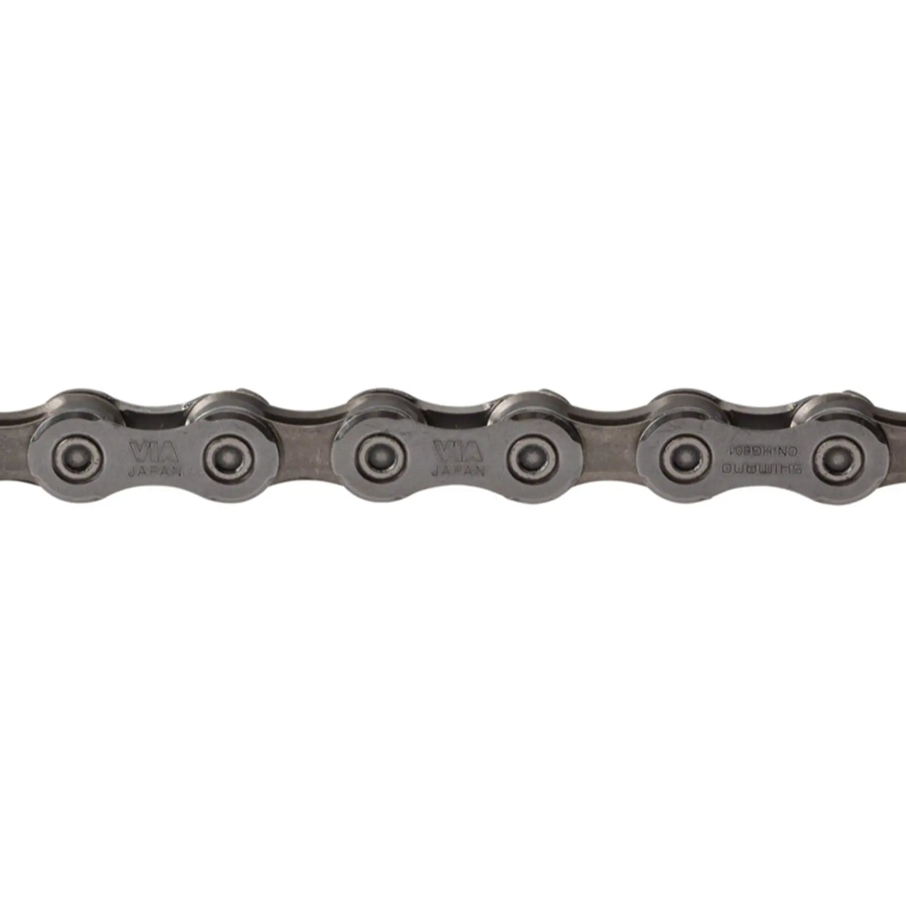 View of the Shimano CN-HG601-11 11 Speed 126 Links Gray Chain against a white background.