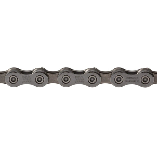 View of the Shimano CN-HG601-11 11 Speed 126 Links Gray Chain against a white background.