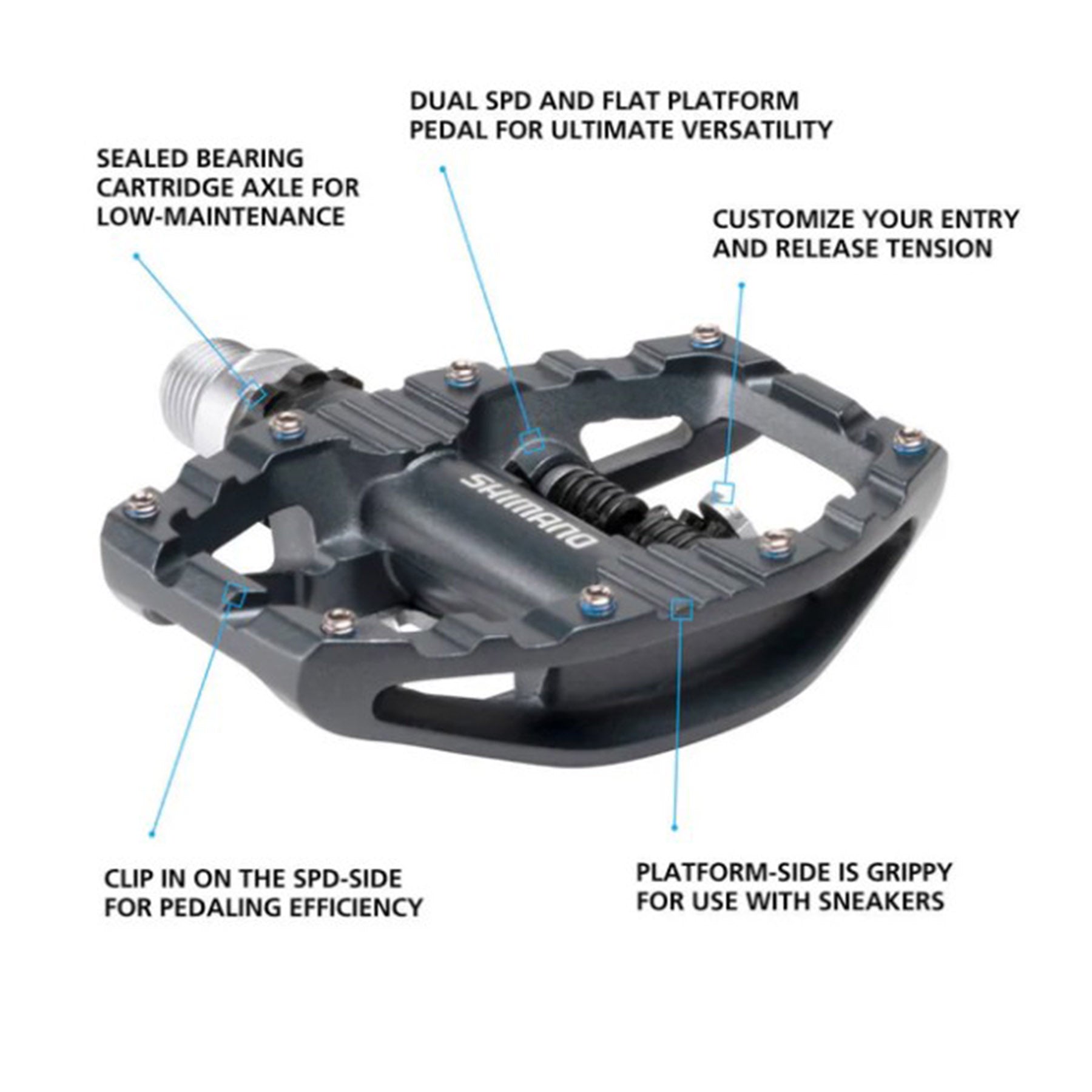 Exploded diagram of the Shimano PD-EH500 Pedals which features a grippy surface on this side.  The pedal is black with a silver spindle and has the Shimano logo on it in white.
