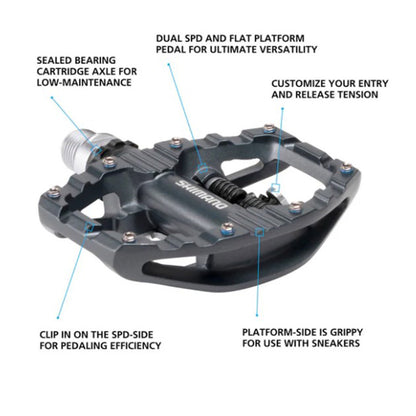 Exploded diagram of the Shimano PD-EH500 Pedals which features a grippy surface on this side.  The pedal is black with a silver spindle and has the Shimano logo on it in white.
