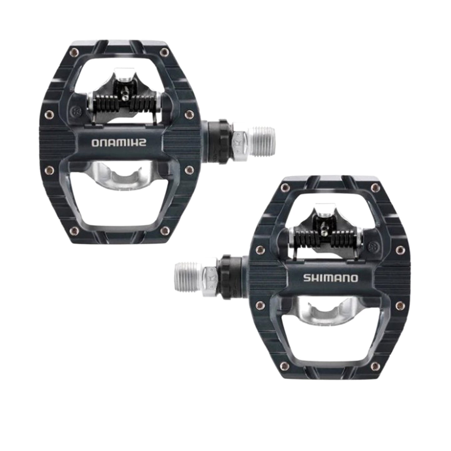 Top view of the Shimano PD-EH500 Pedals which features a grippy surface on this side.  The pedal is black with a silver spindle and has the Shimano logo on it in white.