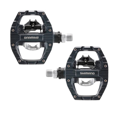 Top view of the Shimano PD-EH500 Pedals which features a grippy surface on this side.  The pedal is black with a silver spindle and has the Shimano logo on it in white.