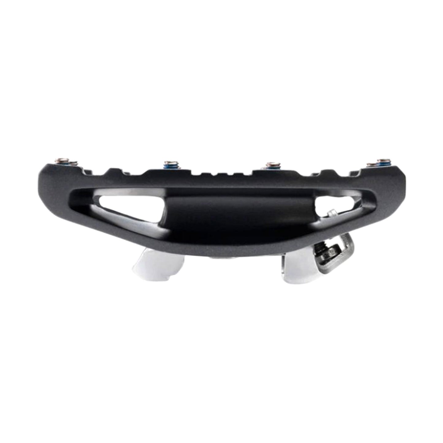 Profile view of the Shimano PD-EH500 Pedals which features a grippy surface on one side and a clip on the other.  The pedal is black with a silver spindle.