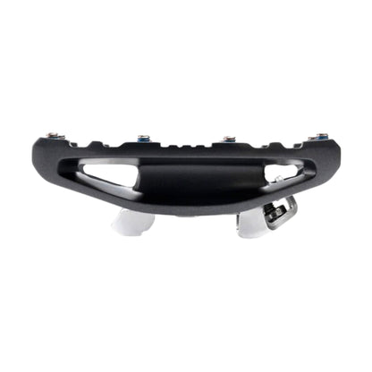 Profile view of the Shimano PD-EH500 Pedals which features a grippy surface on one side and a clip on the other.  The pedal is black with a silver spindle.