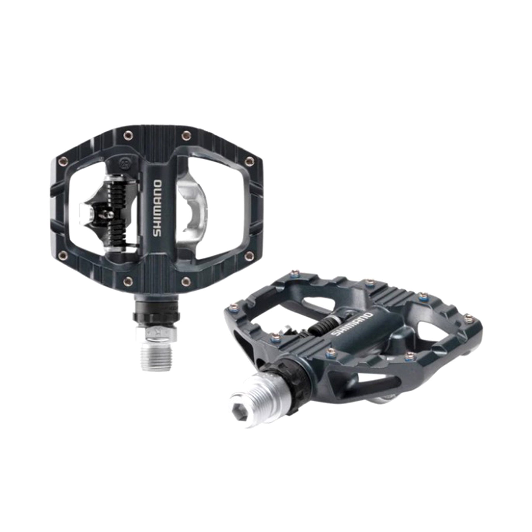 Top and side view of the Shimano PD-EH500 Pedals which features a grippy surface on this side.  The pedal is black with a silver spindle and has the Shimano logo on it in white.