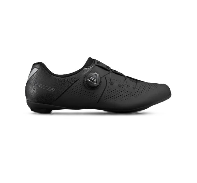 Outside profile view of black Shimano SH-RC302 Women's cycling shoe with BOA closure on white background. 
