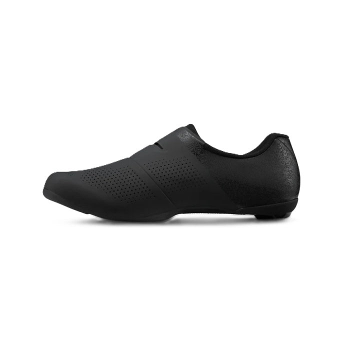 Inside profile view of black Shimano SH-RC302 Women's cycling shoe on white background. 